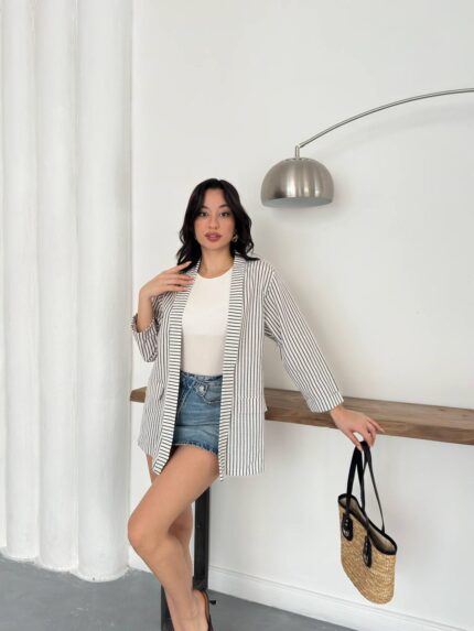 Siyah Çizgili Kimono Gömlek